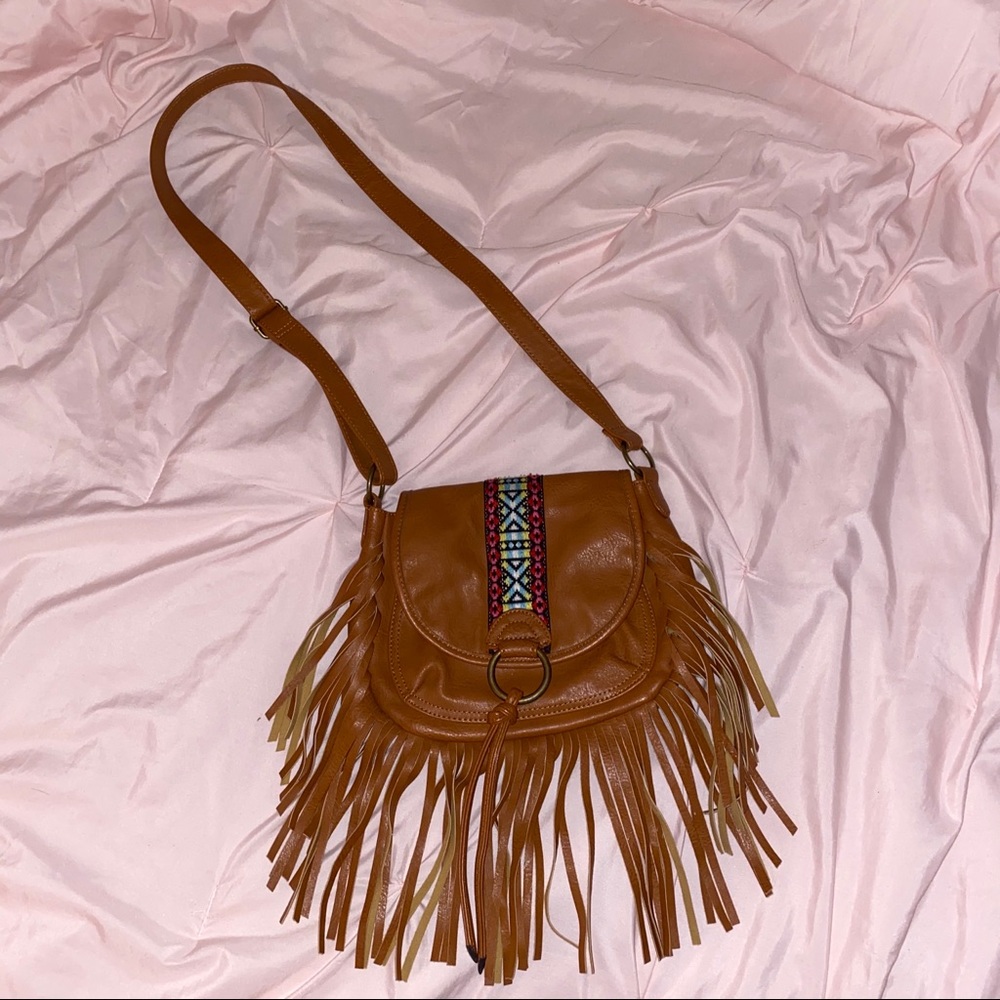 Brown Embroidered Fringe Crossbody Purse